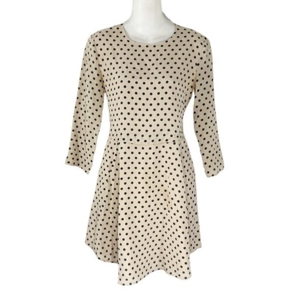 Madewell beige black polka dot silk pleat skirt 3/4 sleeve dress XS B6355 YY8